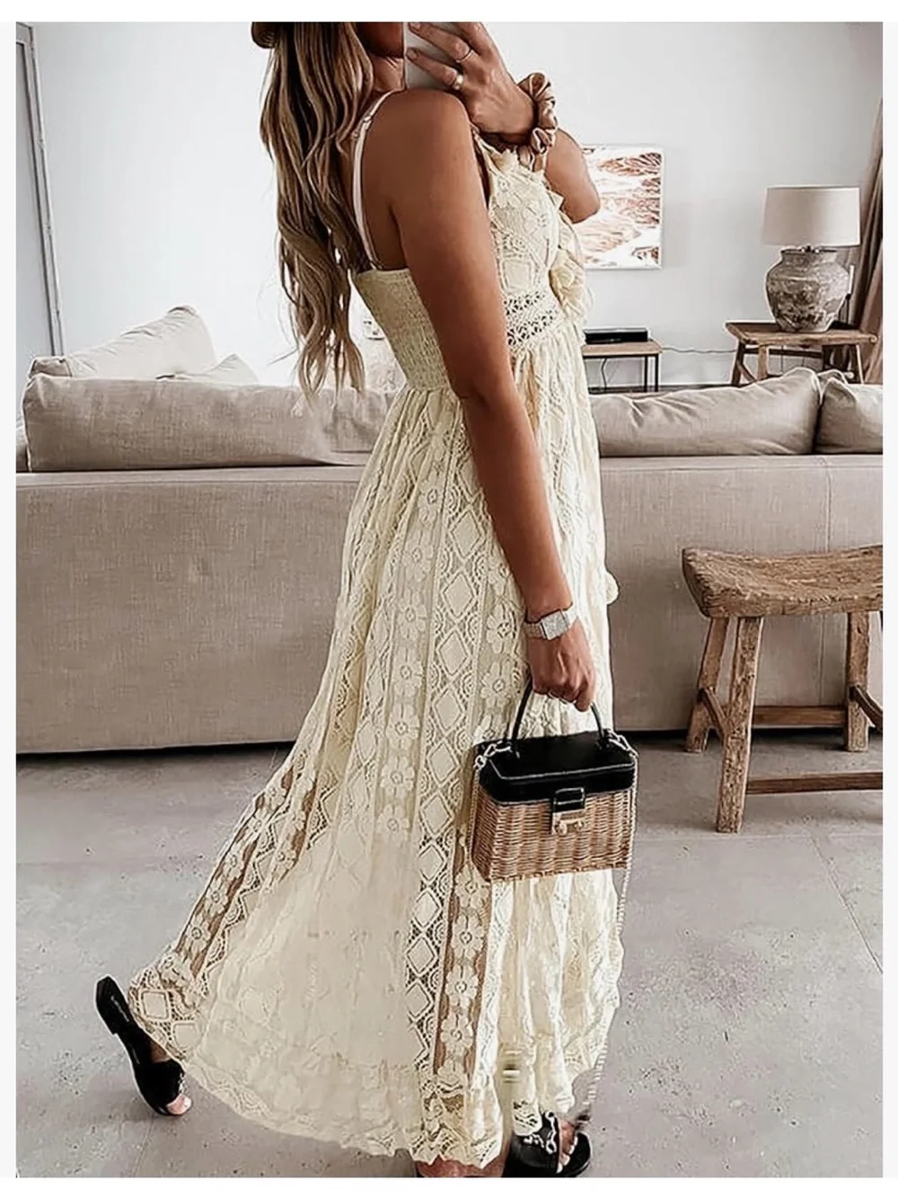 White Lace Bohemian Midi Dress with Tassel Detail